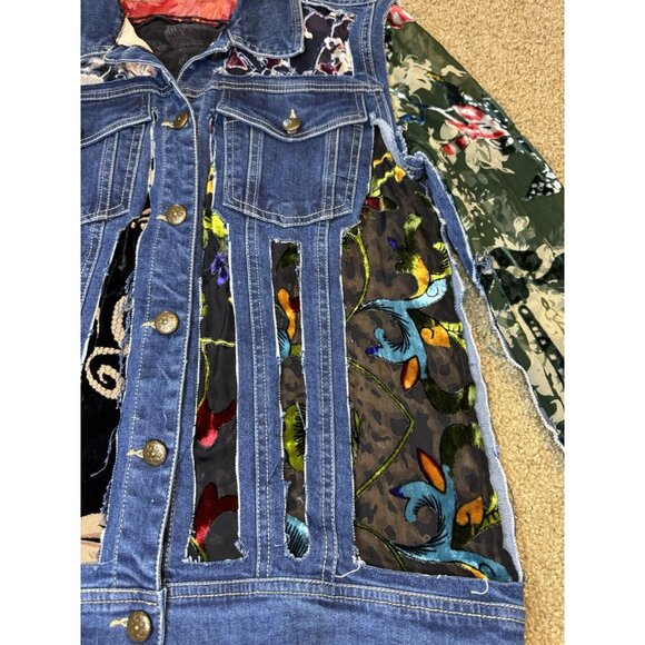 JOHN MARK Velvet Burnout Cut Out Patchwork Sheer Denim Jacket Boho Goth Fairy S - Picture 6 of 11